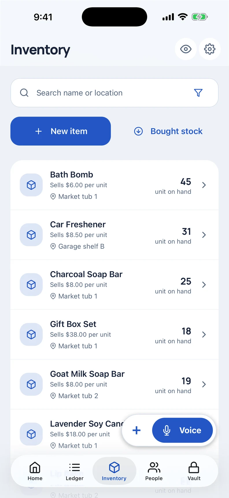 Stashwise Inventory showing item quantities and stock values with demo data