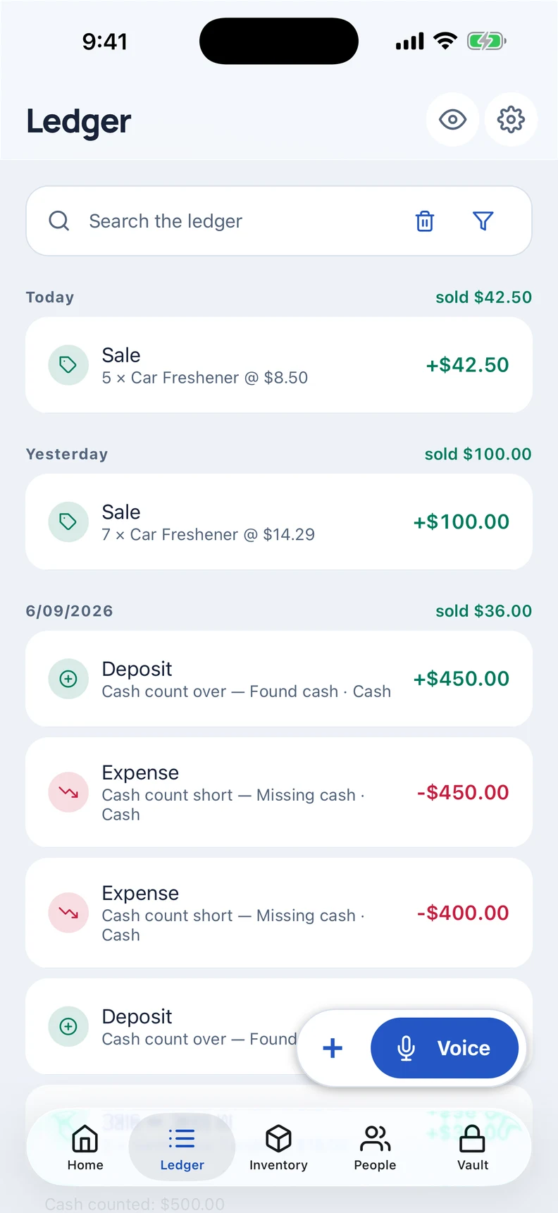 Stashwise Ledger showing sales and other entries with demo data