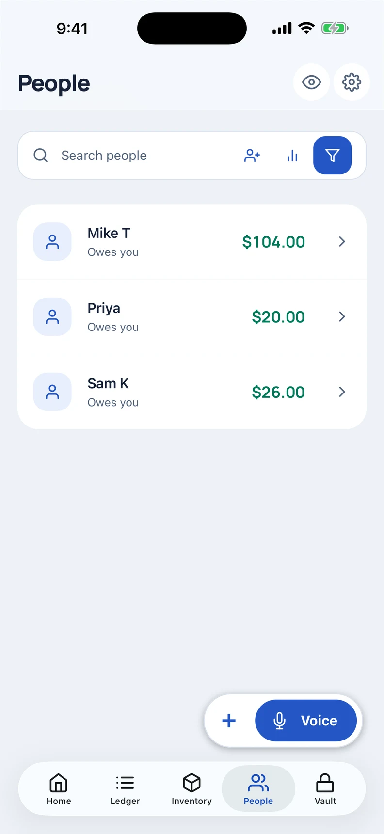 Stashwise People screen displaying customer balances using demo data